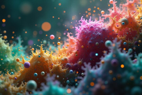 Vibrant abstract scene with colorful cosmic spheres.