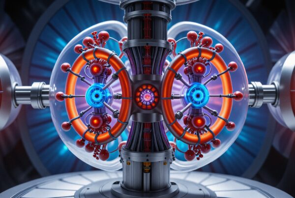 A futuristic machine with glowing, rotating rings displaying advanced technology architecture.