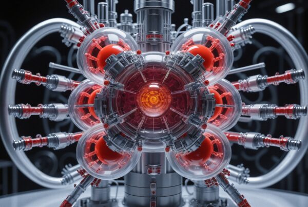 Intricate futuristic technological structure with spheres.