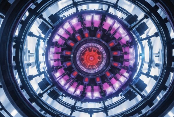 A futuristic view inside an advanced sci-fi energy core with radiant colors and concentric rings.