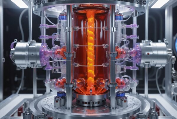 Futuristic laboratory machine with glowing orange cylinder and metallic components.