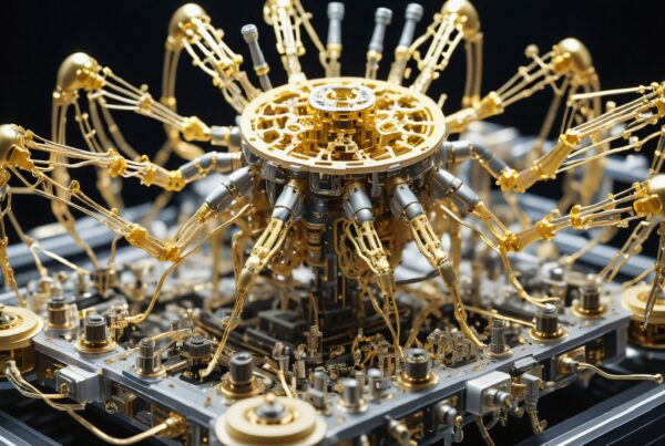 A complex mechanical device with golden arms and intricate details, showcasing futuristic robotics and engineering design.