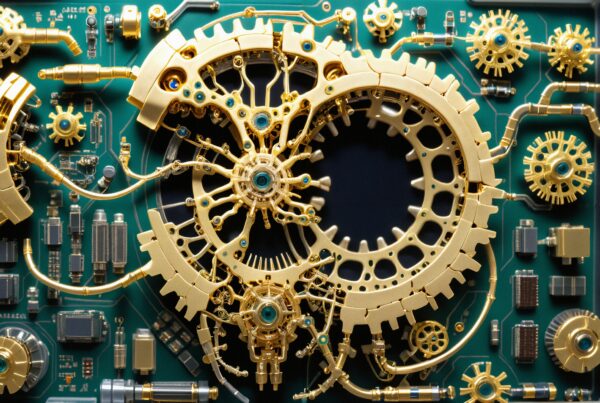 Intricate steampunk gears on circuit board.