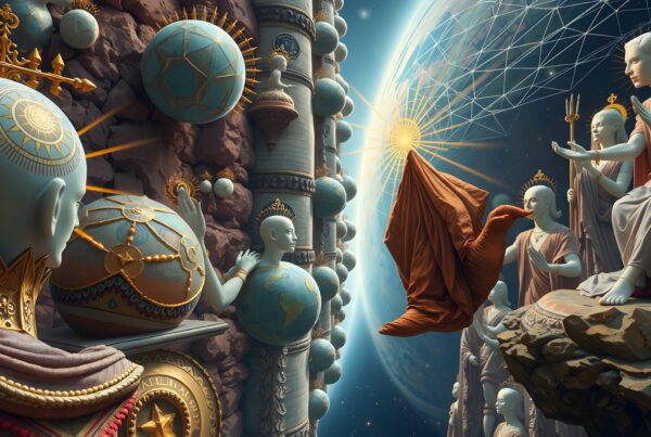 Fantasy depiction of celestial figures and cosmic elements in a mythological scene with intricate design and vibrant details.