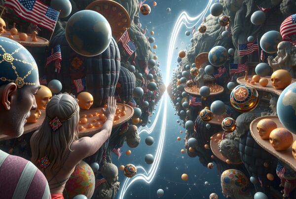 Surreal scene with floating spheres, American flags, and a glowing path.