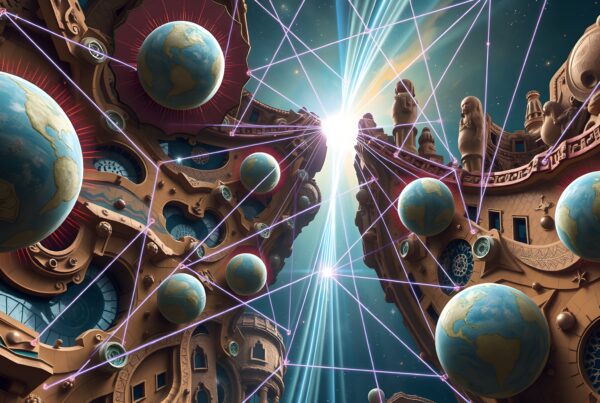 A surreal cosmic scene with globes, intricate architecture, and glowing trails in a starry sky.