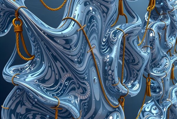Abstract digital artwork with intricate blue fluid designs and contrasting orange ropes.