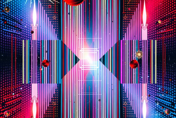 Abstract cosmic artwork with vibrant colors, featuring celestial bodies and glowing patterns against a futuristic digital backdrop.