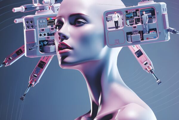 Futuristic humanoid robot with open head showcasing advanced technological components, highlighting the blend of human and machine.