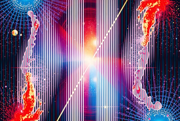 A vibrant cosmic scene with radiant light, abstract figures, and starry background, creating a dynamic display of cosmic energy and movement.