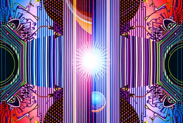 Abstract colorful symmetrical cosmic design with radiant light and celestial elements, featuring intricate geometric patterns and vibrant hues.