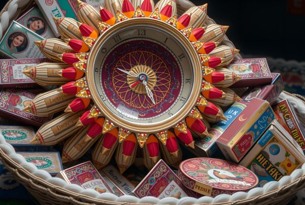 Colorful vintage matchbox basket with ornate sunflower clock.