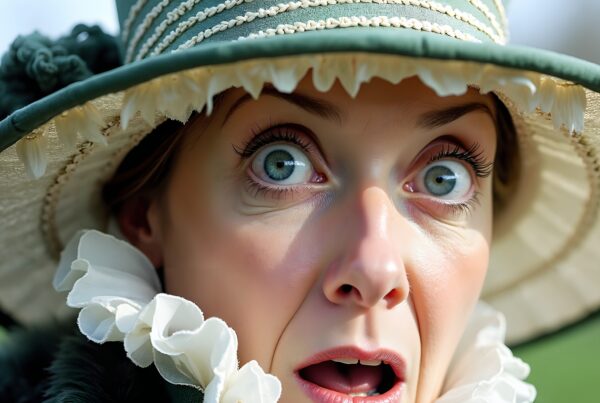 A surprised woman wearing a vintage hat with wide eyes in bright natural light.