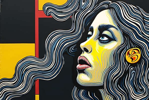 A vibrant pop art portrait of a woman with flowing hair in bold geometric design.