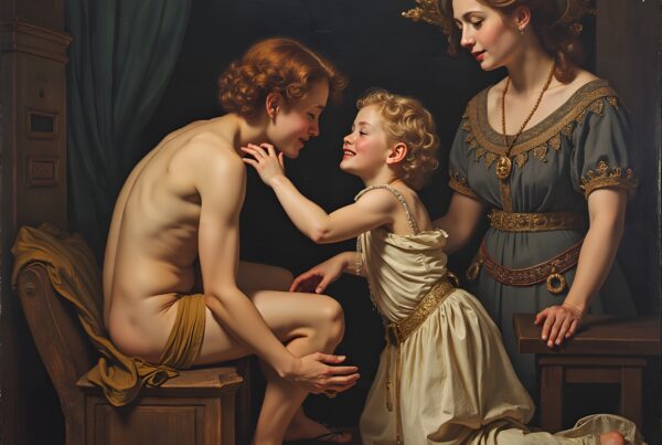 A classical painting portrays a family scene with a heartfelt interaction between a man, child, and woman in an elegantly adorned setting.