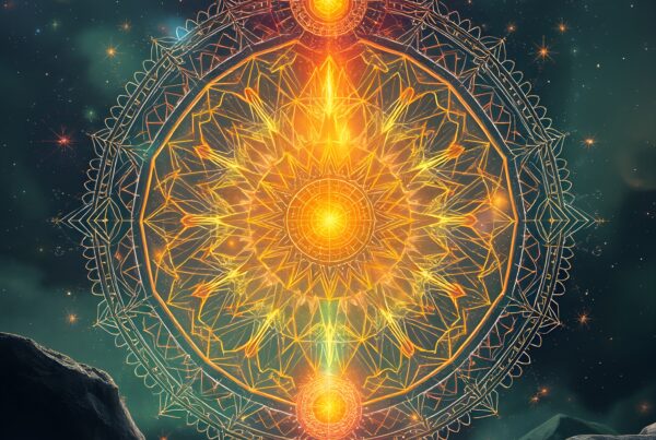 A celestial mandala glows brightly in a starry cosmic landscape, creating a mystical and ethereal atmosphere.