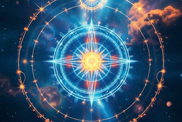 Intricate cosmic design with glowing geometric patterns against a starry sky.
