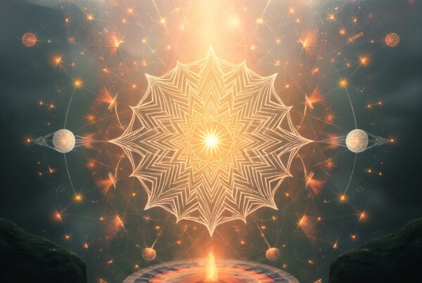 Mystical mandala with celestial bodies, glowing cosmic pattern, and fiery centerpiece.