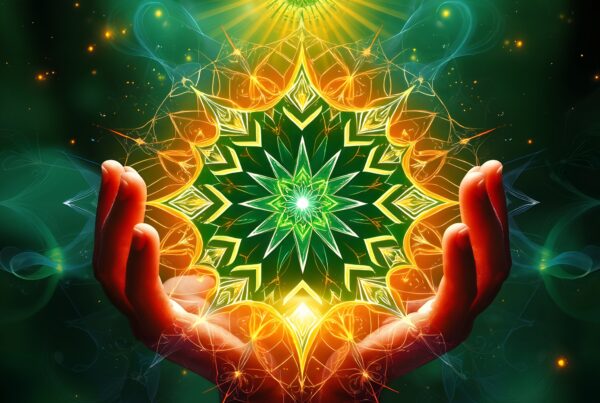 A pair of hands cradles a vibrant, glowing mandala with intricate patterns, set against a mystical dark green backdrop with floating sparkles.