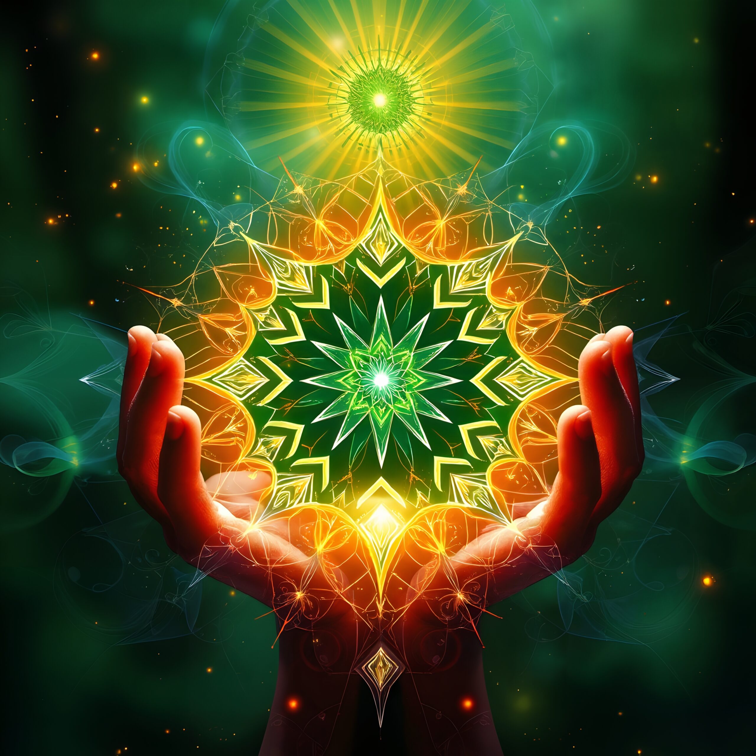 Hands Cradling Radiant Mystical Mandala