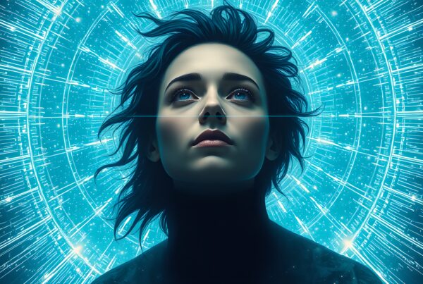 A young woman gazes upward, surrounded by a luminous digital halo in a futuristic setting.