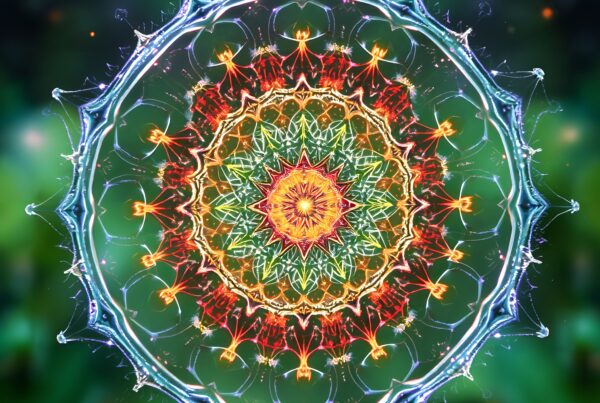 Colorful mandala with intricate patterns on a green background.