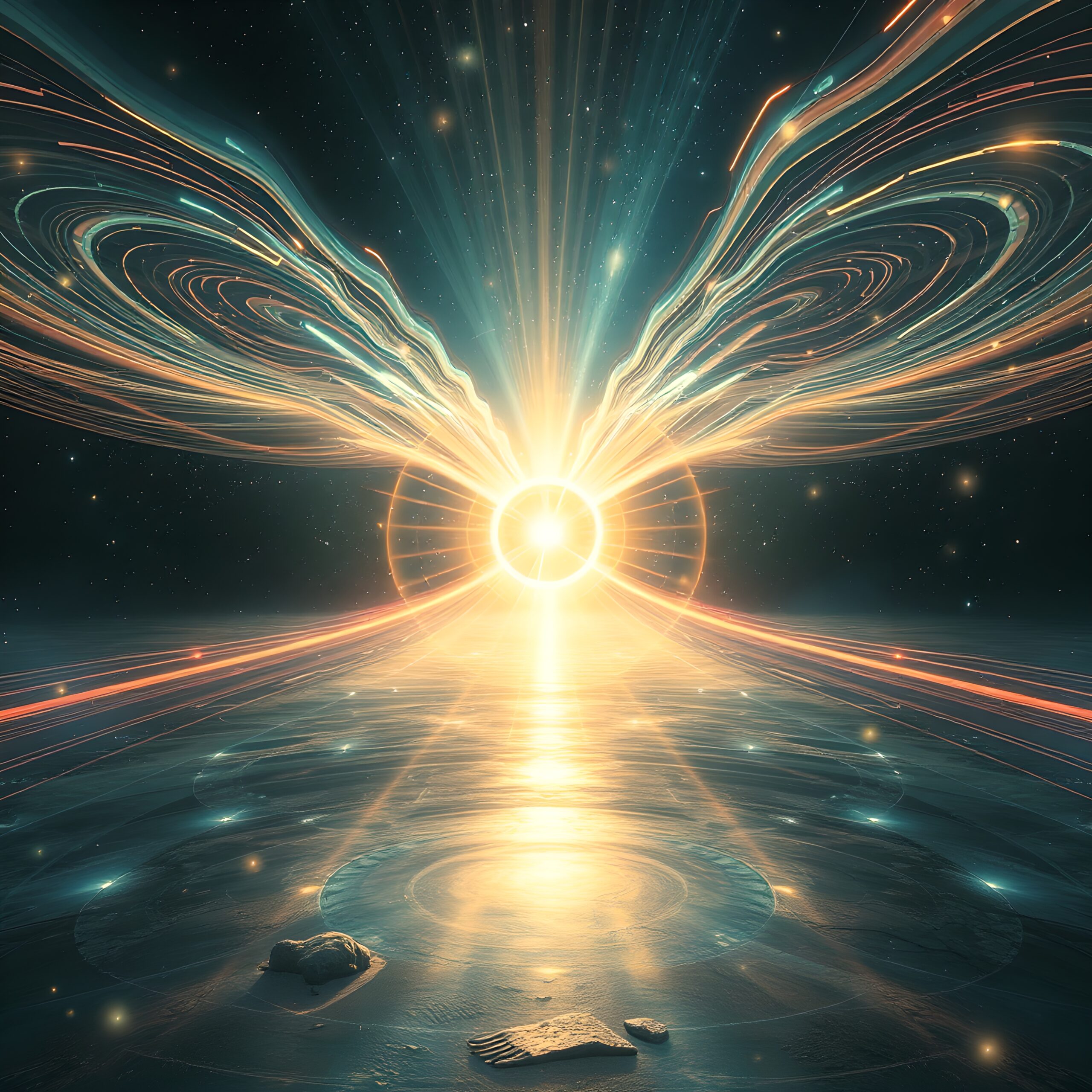 Cosmic Sunrise Over Reflective Abyss