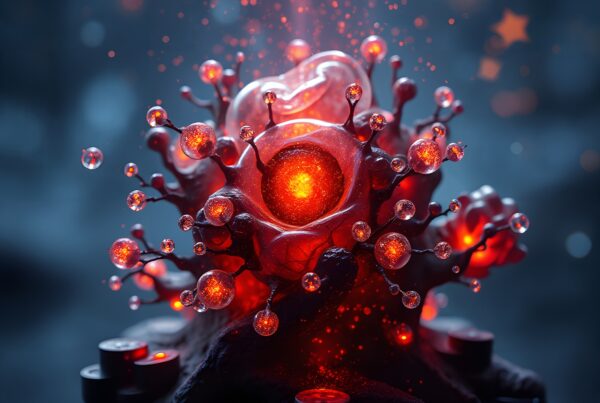 An ethereal, glowing alien structure with vibrant red hues and orb-like extensions, set against a blurred, dark background, conveying mystery.