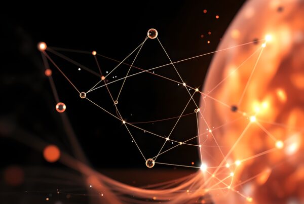 Abstract digital network with glowing nodes and interconnected lines on a dark background.