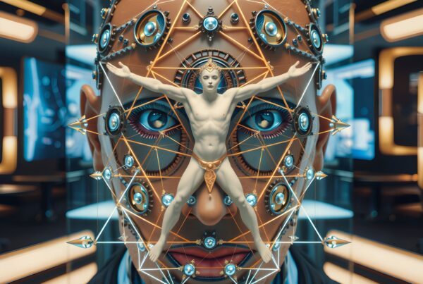 A complex image blending human and machine elements with a futuristic, symmetrical design.