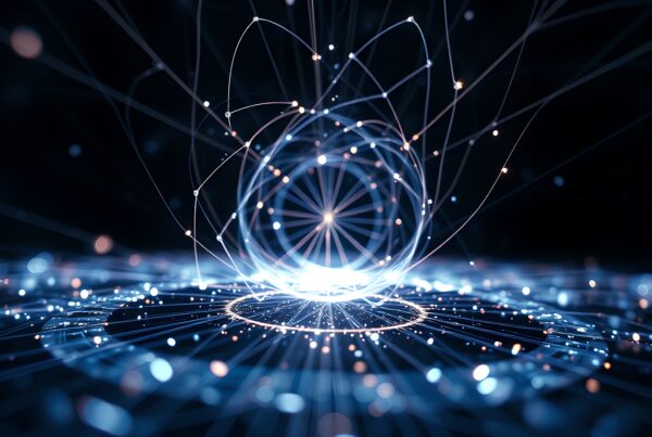 Futuristic digital network with glowing complex patterns.