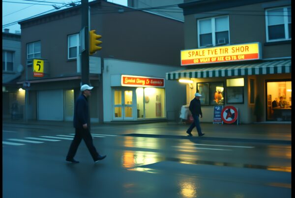 Urban street scene with pedestrians, wet road, and glowing storefronts in soft evening light.