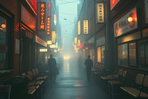 A misty, neon-lit Japanese alleyway with glowing signs and silhouetted figures.