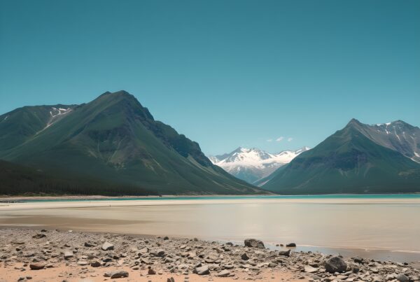 Tranquil mountain landscape with lake.