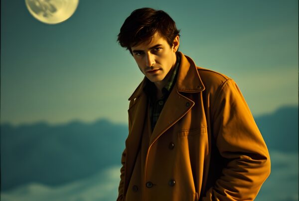 A man in a brown coat stands under a full moon with mountains in the background.