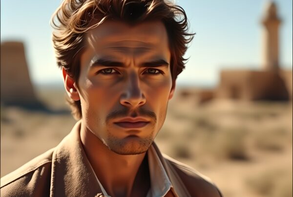 A man stands in a desert landscape, with blurred traditional architecture in the background under warm sunlight.