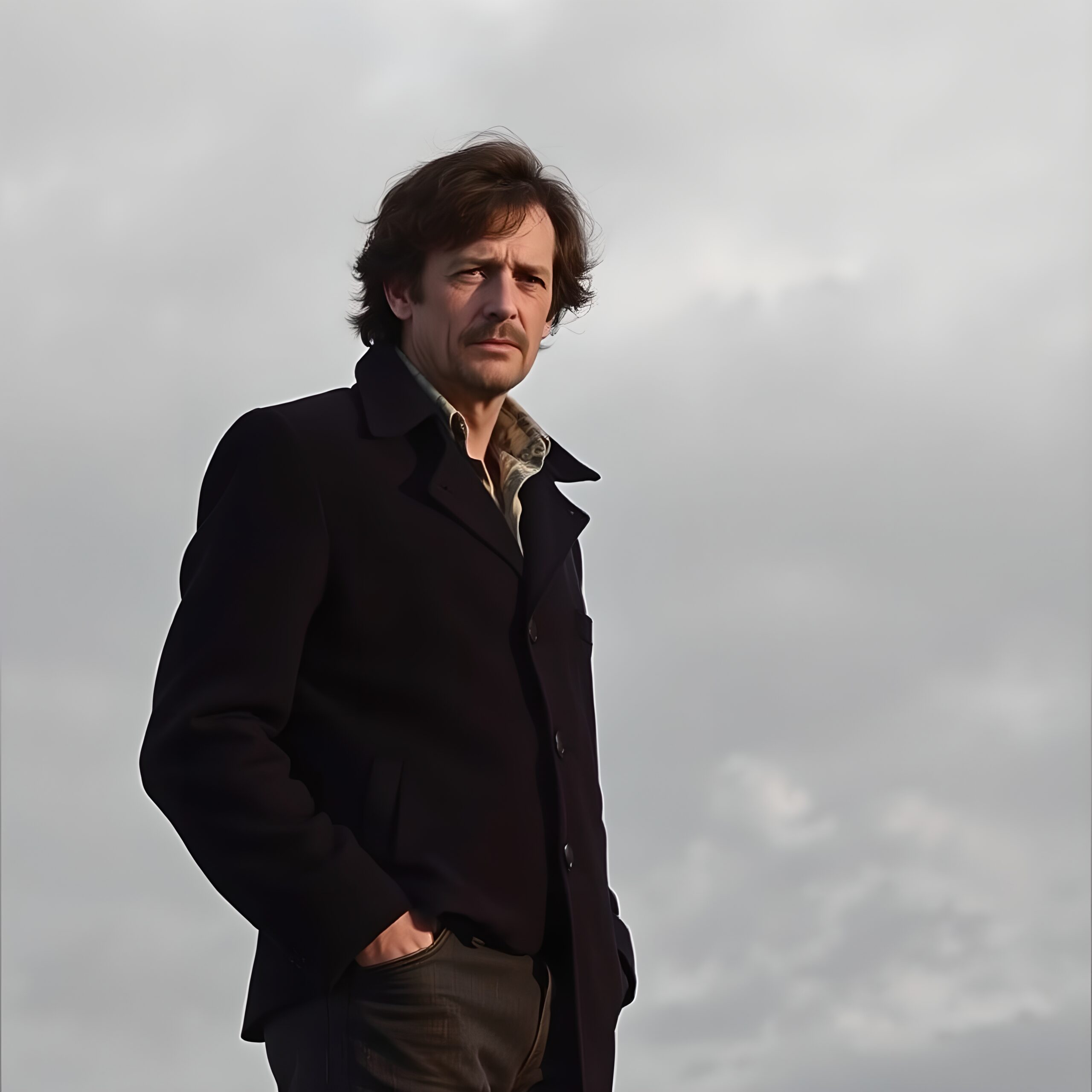 Pensive Man Under Cloudy Sky