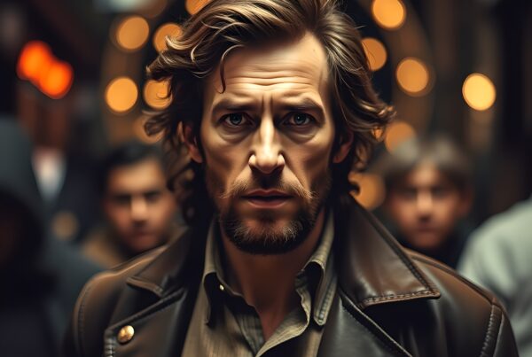 Man in brown jacket with lights backgrounds.