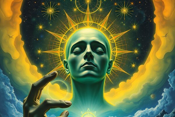 Surreal cosmic meditation with celestial elements and a halo.