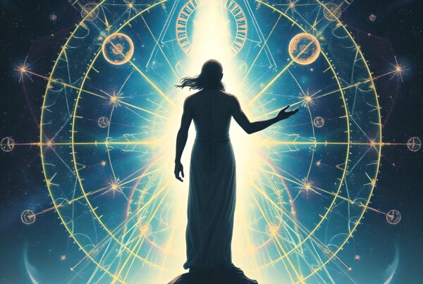 The image depicts a silhouetted figure on a mountain peak with a radiant cosmic background.