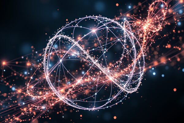 A vibrant, futuristic digital rendering with glowing helix lines and particles against a dark background.