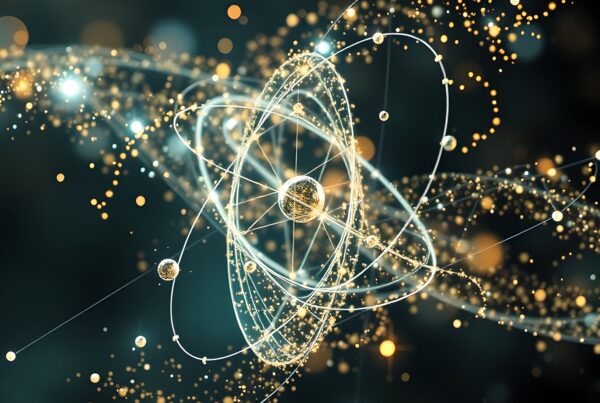 Illustration of an atom with swirling particle paths and glowing rings on a dark background, symbolizing atomic energy.