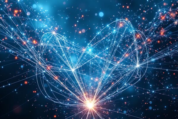 A captivating digital network with glowing interconnected nodes and bright lines on a blue background.