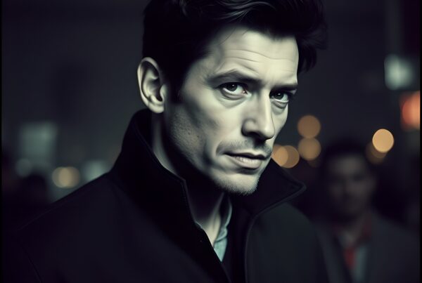 Portrait of a serious man with intense expression in moody lighting.