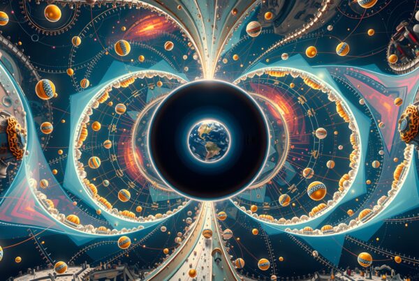 Surreal cosmic artwork featuring Earth, vibrant orange spheres, and intricate celestial mechanics.