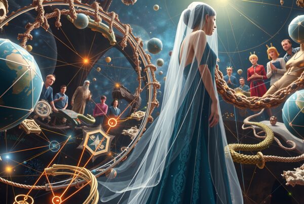 A woman in a blue gown with veil surrounded by celestial symbols and figures.