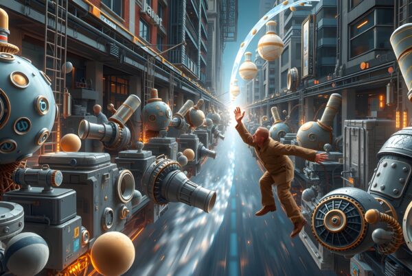 A man floats through a futuristic alley filled with intricate machinery and glowing elements in a surreal cityscape.