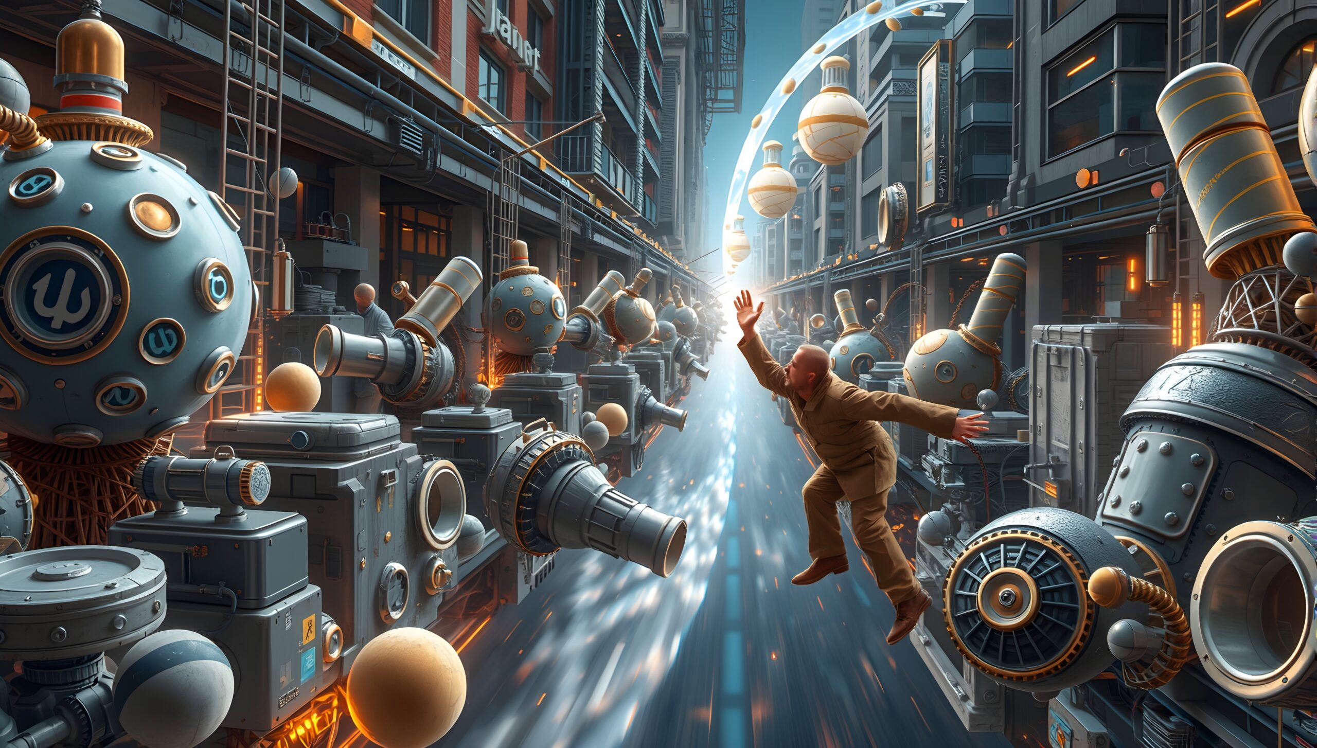 Futuristic Cityscape with Floating Man