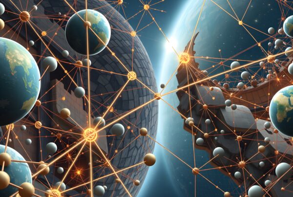 A cosmic network of interconnected spheres floating in space, highlighting connectivity and technology.