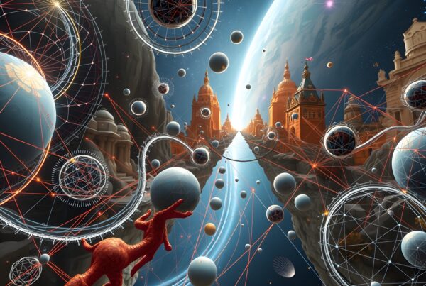Surreal landscape blending space and architectural elements with spheres and networks.